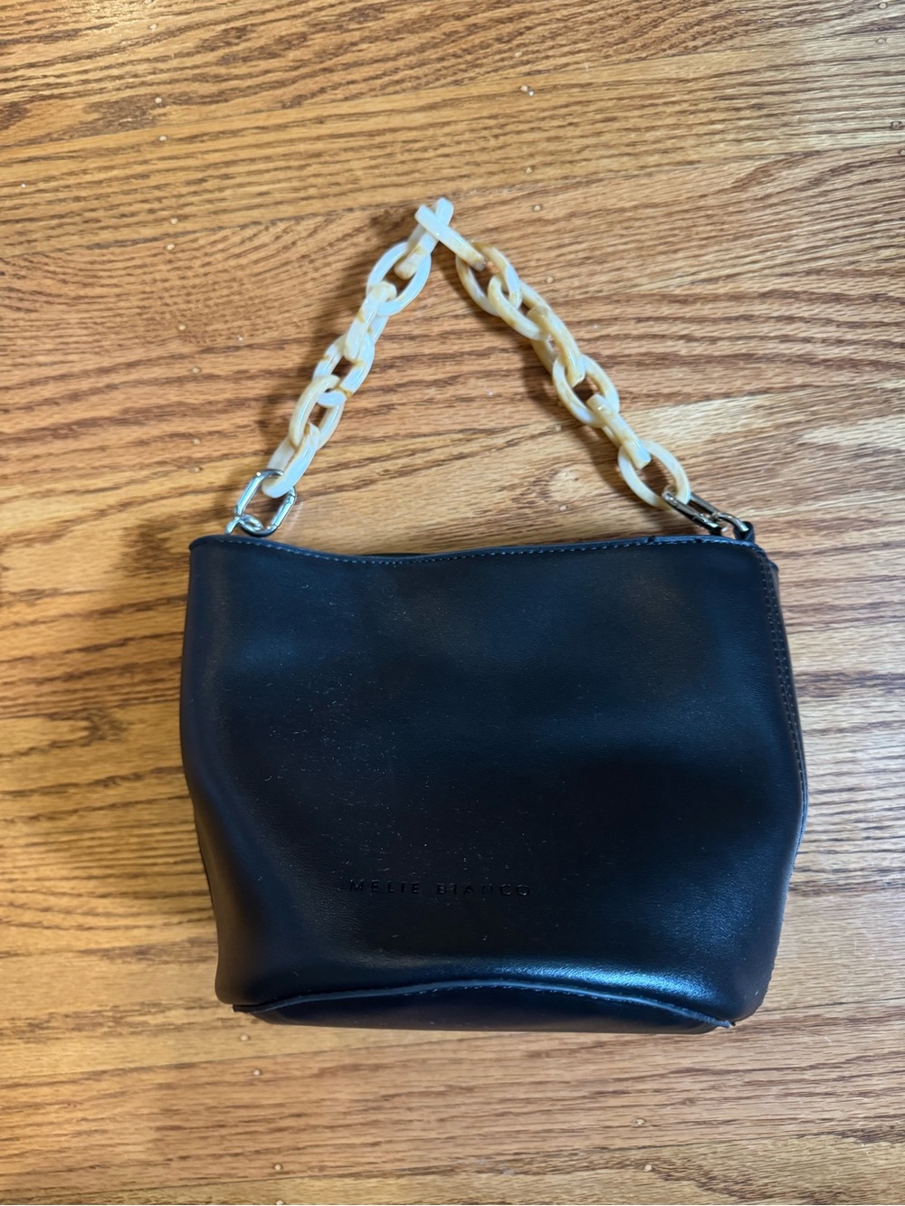 Melie Bianco Black Mini Shoulder Bag with Cream Chain Handle